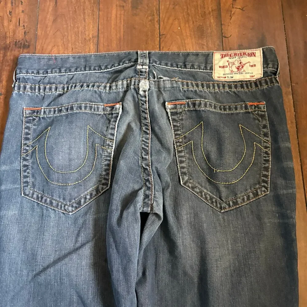 True Religion Jeans Mens 38x32 Blue Slim Fit Streetwear Faded Distressed